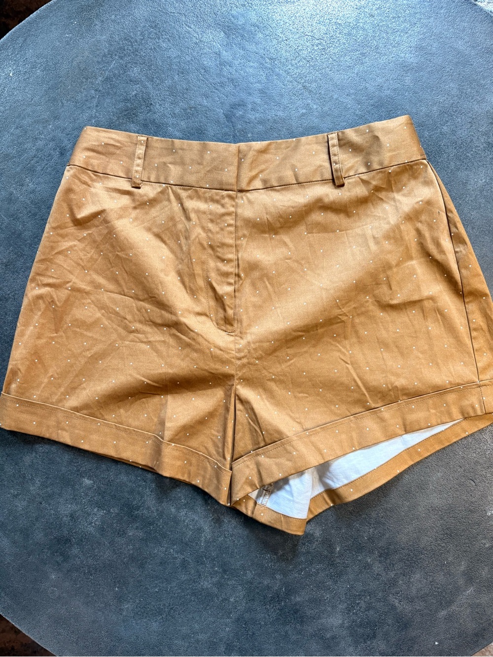 DANIELLE BERNSTEIN Tan with White Dots High-Waist Tailored Shorts
